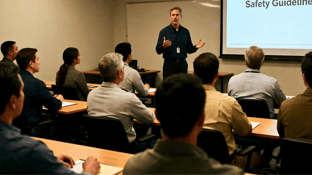 employees attending workplace safety training session with presenter explaining guidelines in a professional meeting room