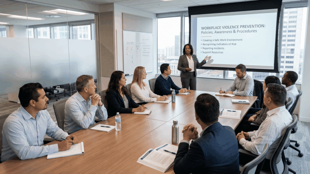 employees attending workplace violence prevention training in a professional office setting