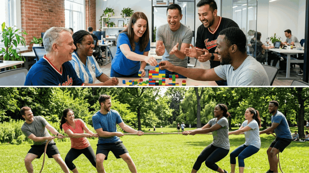 employees participating in team building activities, playing games indoors and outdoors in a collaborative and fun work environment