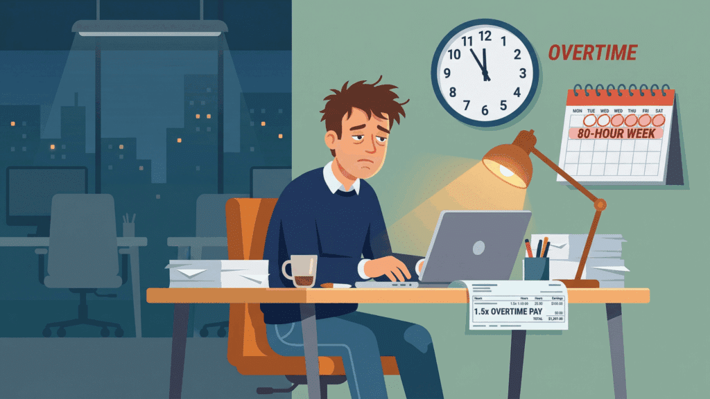 flat illustration of an employee working long hours at a desk with a large clock showing overtime