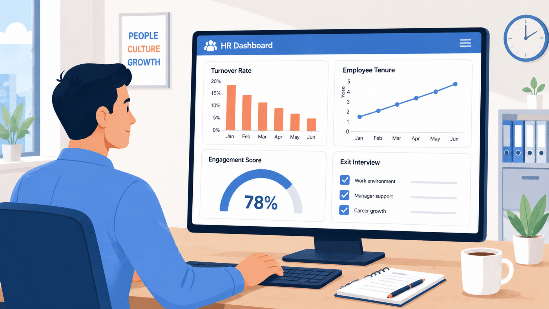 Flat illustration of male HR manager at desk reviewing analytics dashboard with charts, notepad and coffee in clean office
