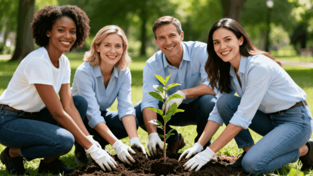 four people in casual clothes planting a small tree together in a park, smiling, teamwork, green outdoor setting