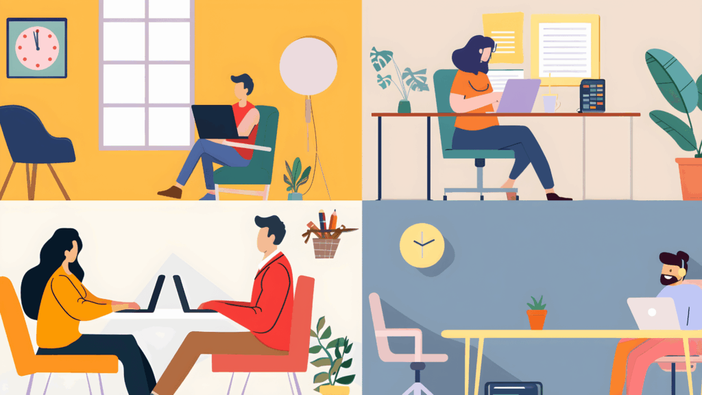 four section collage showing remote work, flexible work, gender equality, and overtime work scenes