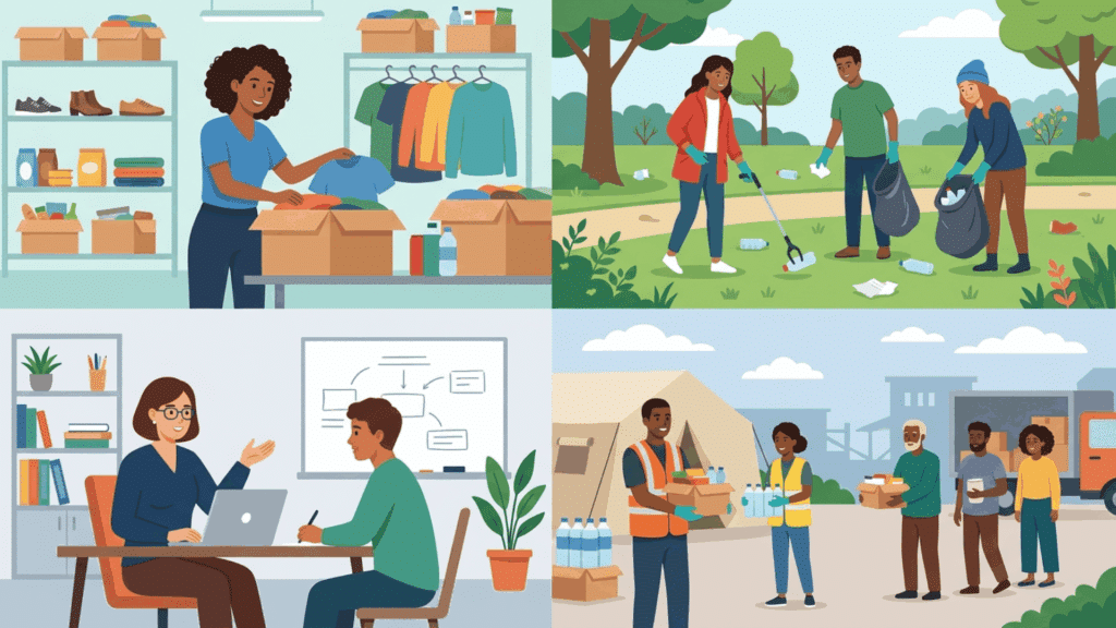 four section illustration showing individual volunteering, team clean up, skill based work, and disaster relief activities