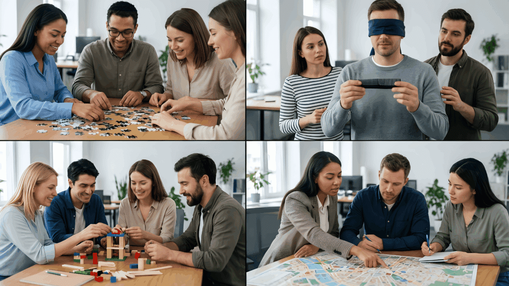 four team building activities collage showing different coworkers solving puzzle guessing object building structure and working on map in office