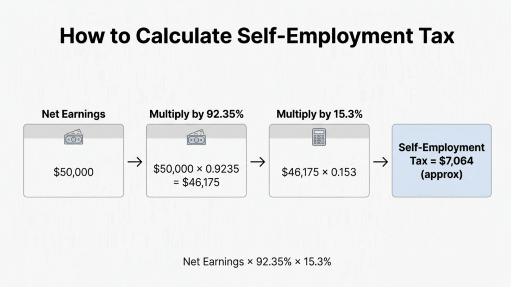 how to calculate self-employment tax flowchart showing $50,000 multiplied by 92.35% and 15.3% to get $7,064