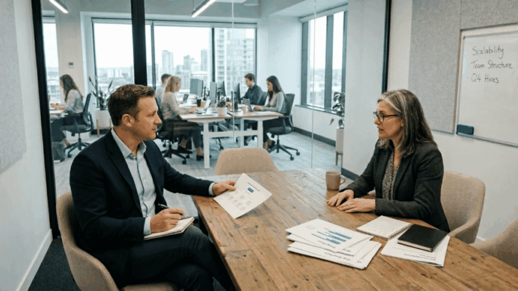 hr consultant discussing workforce strategy with a business leader in a modern office, with team members working in the background.