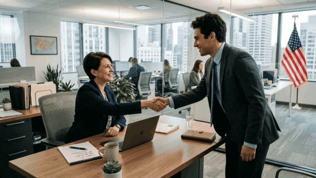 hr manager and candidate shaking hands in a modern US office, symbolizing direct hire recruiting and successful job placement