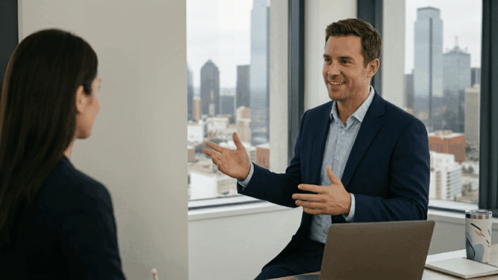 hr professional discussing strategy with employee in a modern office, with city skyline visible through large windows in background