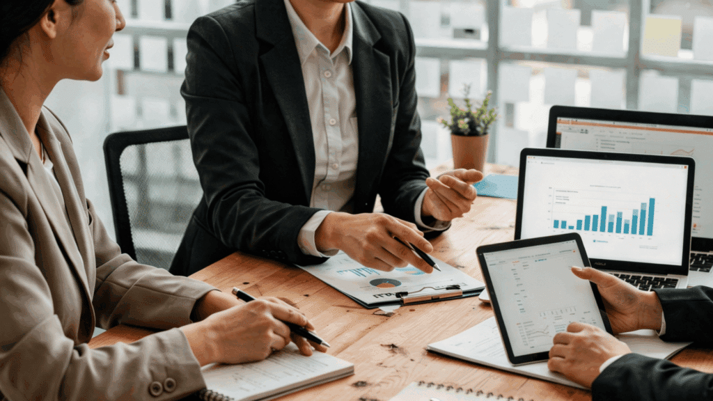 hr professionals reviewing compensation and benefits data on a laptop and tablet during a strategy meeting in a modern office.