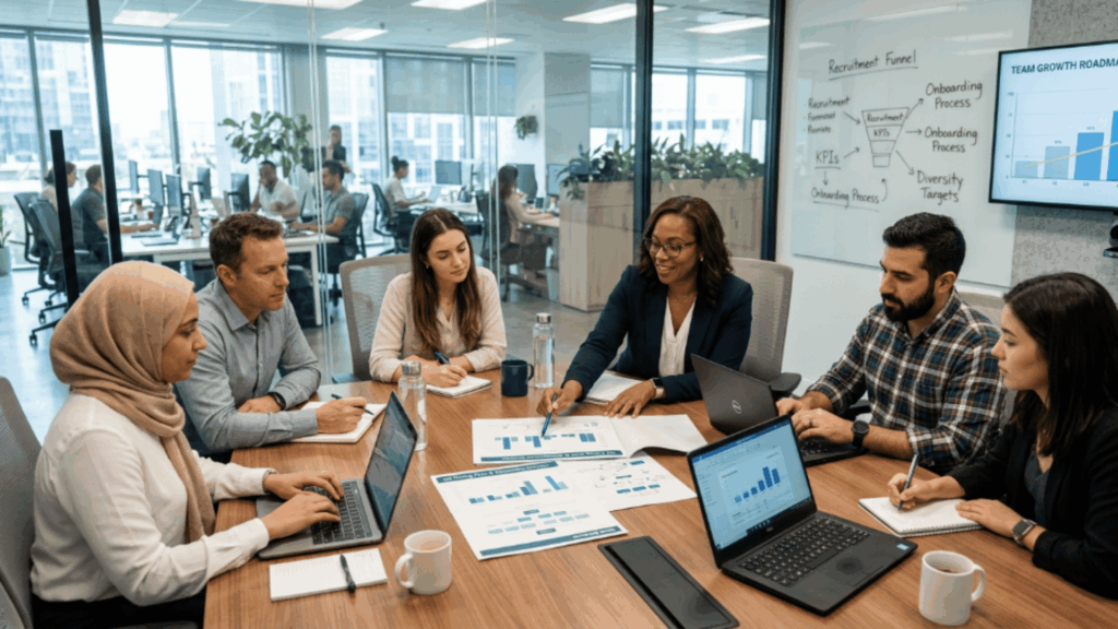hr team collaborating with consultant in a modern office, reviewing charts, hiring plans, and workforce strategy during a meeting.