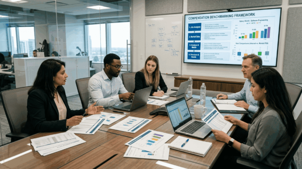 hr team in a conference room reviewing compensation benchmarking data with charts, salary comparisons, and reports on screen.