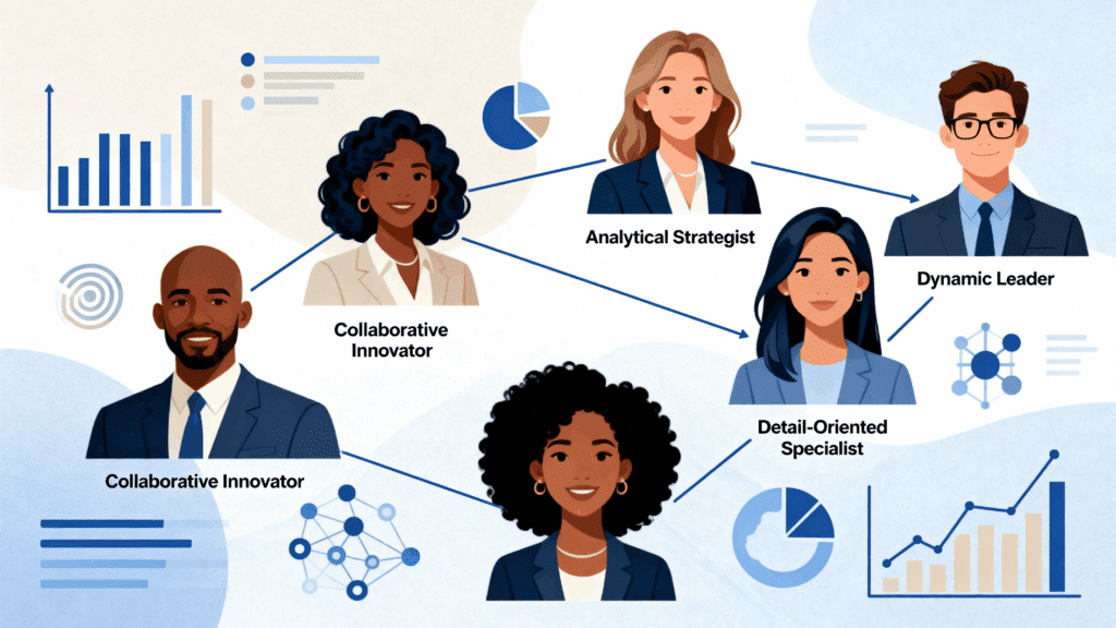 illustration of team roles with labeled profiles like collaborative innovator analytical strategist leader and specialist with charts