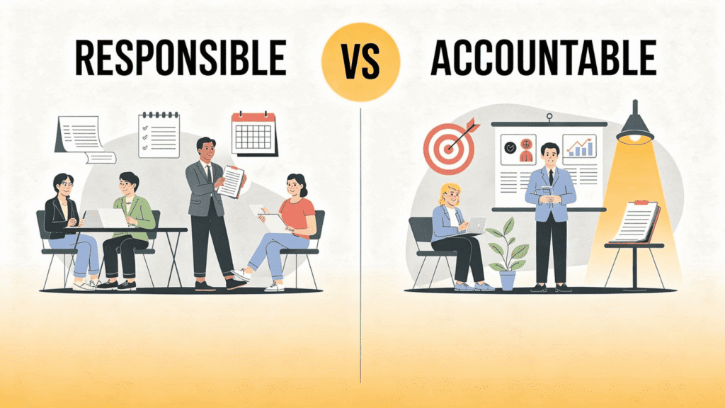 infographic comparing Responsible vs Accountable, showing team task roles on one side and single owner of results on the other.