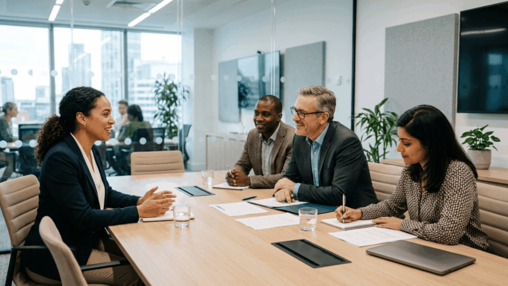 job interview panel meeting with candidate presenting ideas while interviewers listen and take notes in a conference room