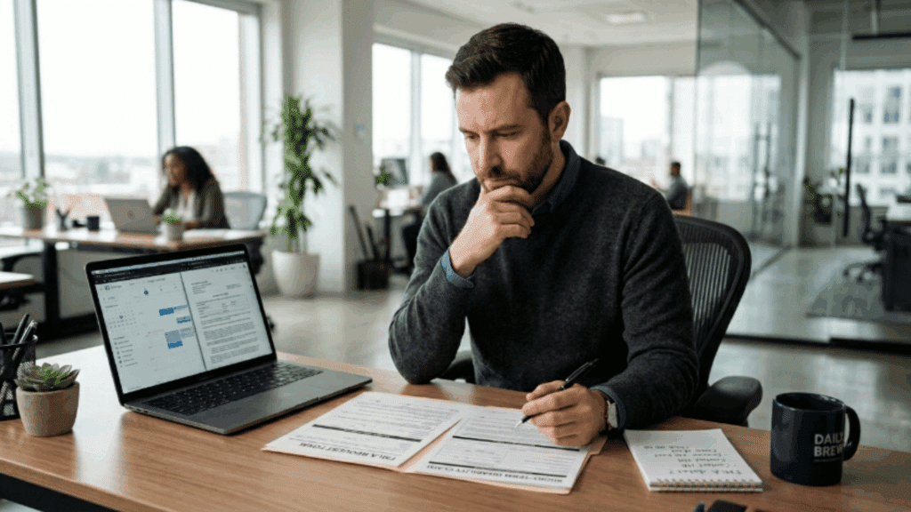 man reviewing paperwork at desk comparing short term disability vs FMLA options in an office setting