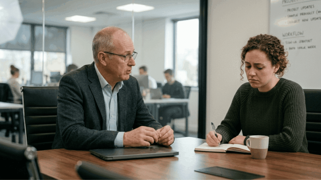 manager speaking with employee in office meeting, addressing workplace concern or disciplinary discussion in a professional setting