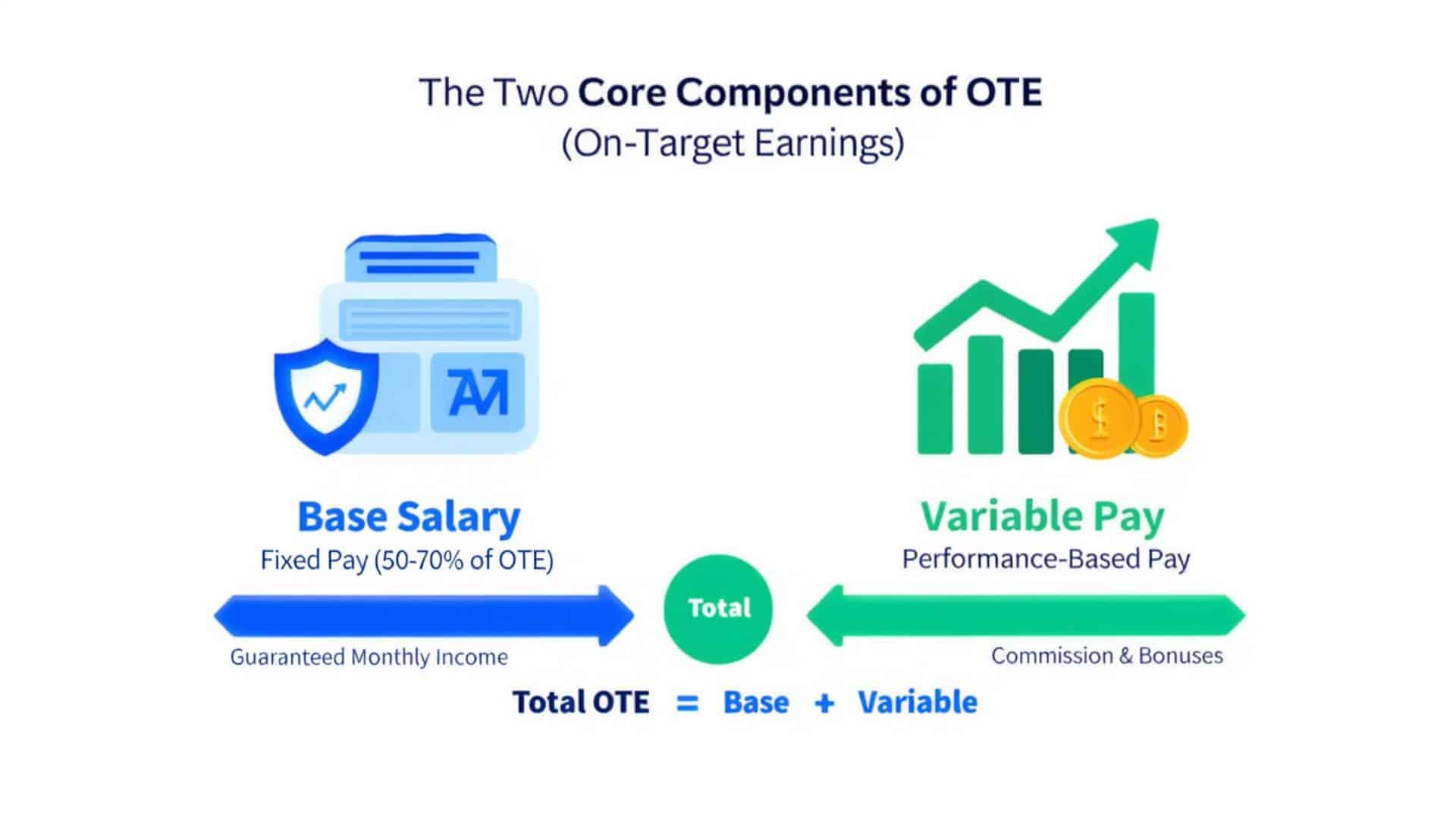 ote infographic showing base salary (fixed pay) and variable pay (commissionsbonuses) forming total OTE