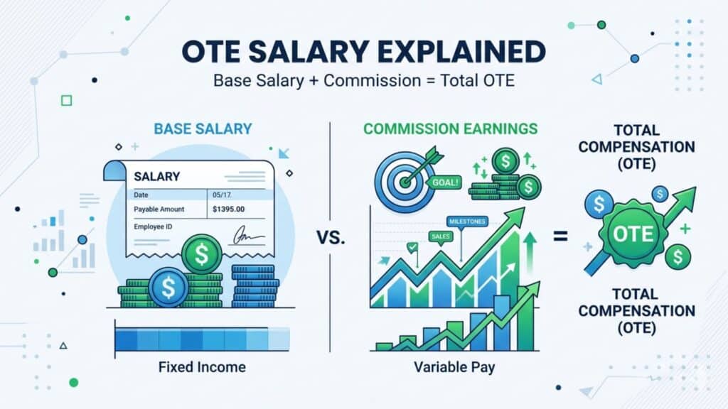 ote salary infographic showing base pay plus commission forming total earnings