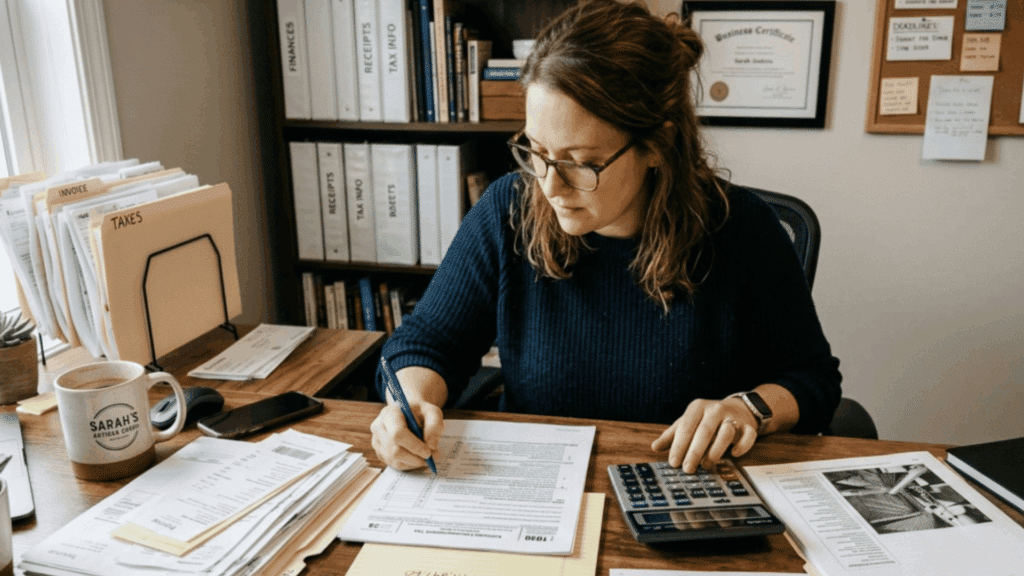 person calculating self employment tax at desk with documents, calculator, and laptop in home office setting