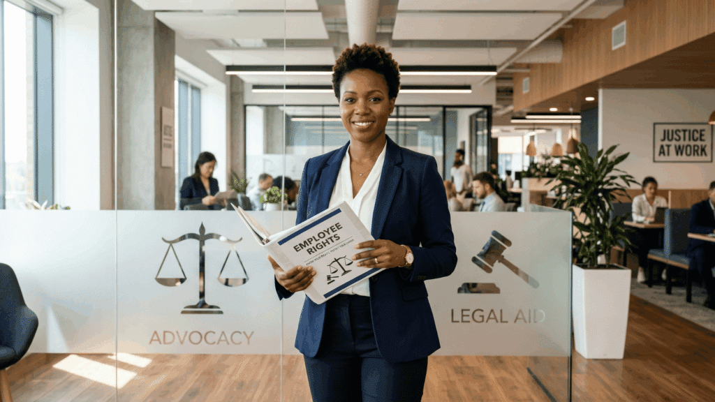 professional standing confidently with documents labeled ‘employee rights’