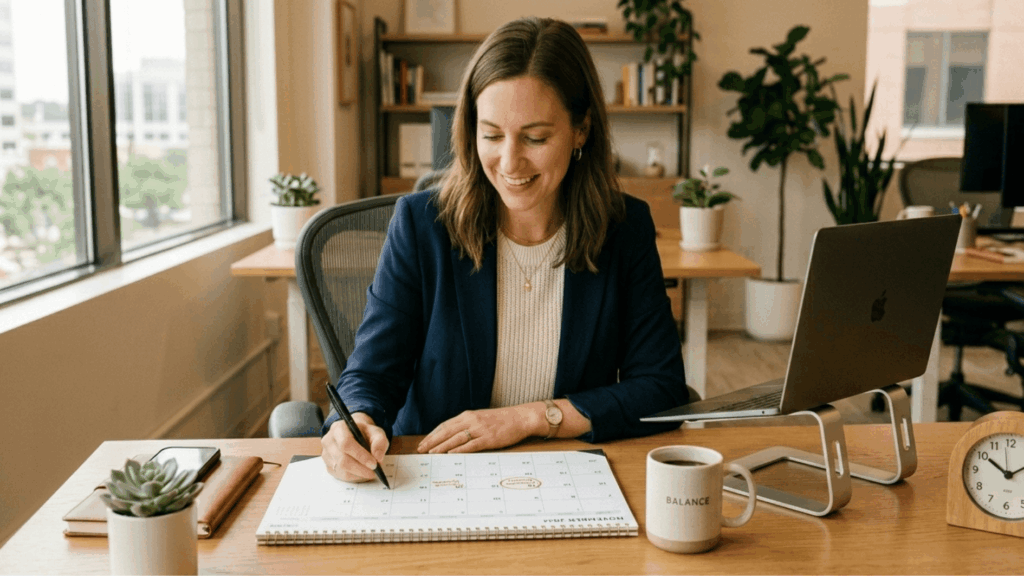 professional woman marking calendar at desk with laptop, coffee mug, and office setup, planning schedule in a bright workspace