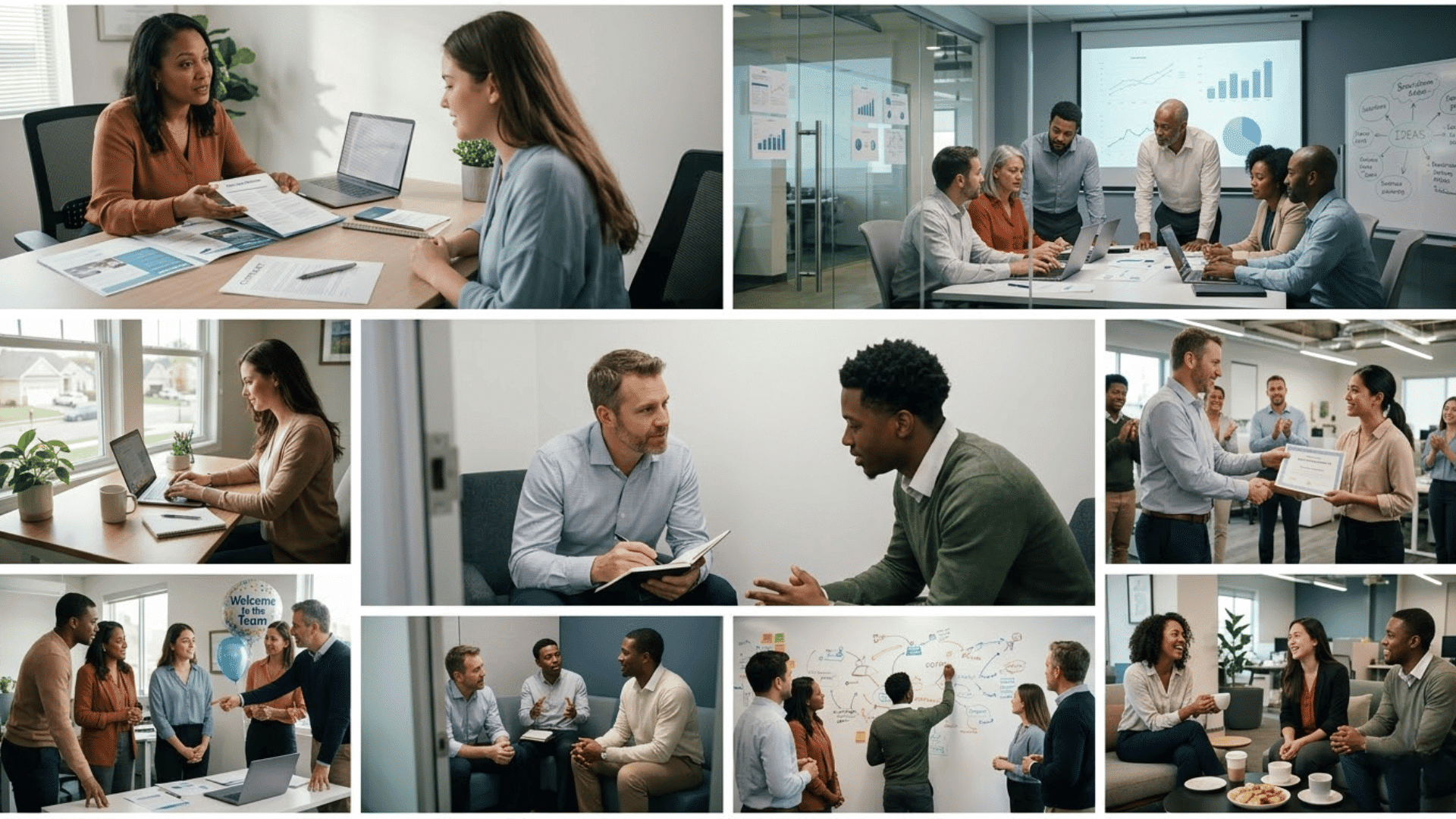 realistic collage of diverse employees collaborating, onboarding, receiving recognition, remote working, and team leadership meetings. (2)