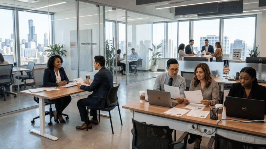recruiters interviewing candidates in a bright office space, showing direct hire recruiting process and candidate evaluation steps