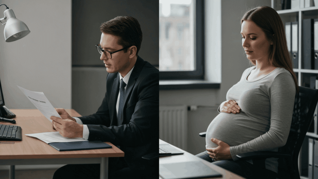 split image showing HR professional reviewing paperwork in an office on one side and a pregnant employee seated at a desk on the other