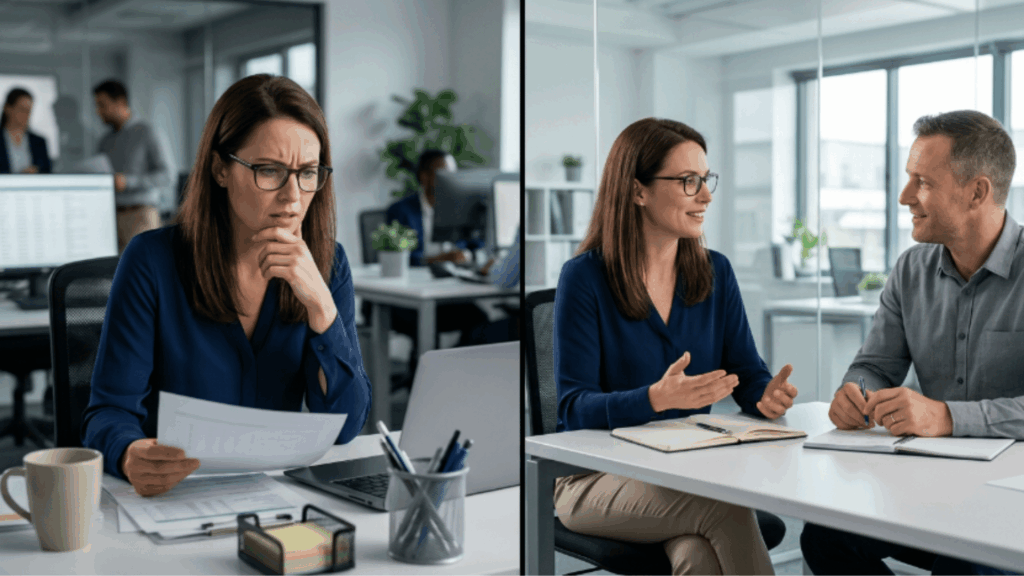 split scene showing confused employee and clear communication with manager in a office setting