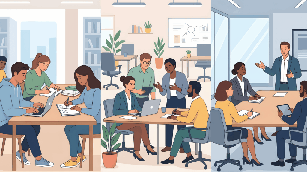 students studying with laptops, professionals working in teams, and managers leading meetings in three sections