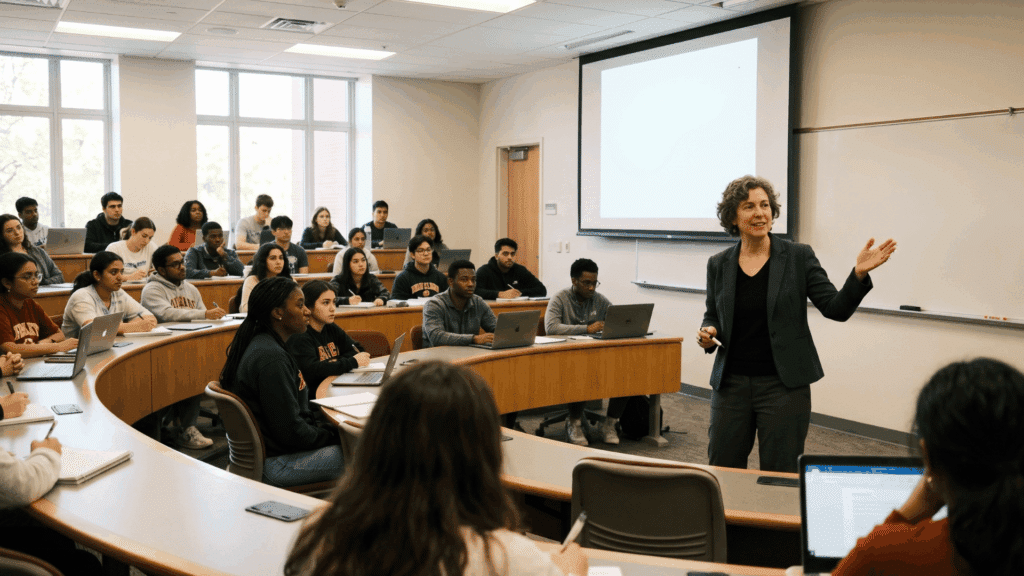 teacher explaining lesson to students in a classroom with presentation screen and whiteboard