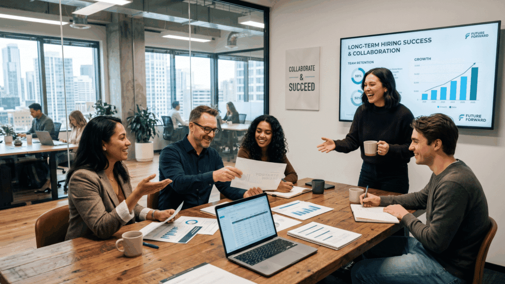 team discussion in a modern office setting with professionals reviewing work, representing collaboration and long-term hiring success