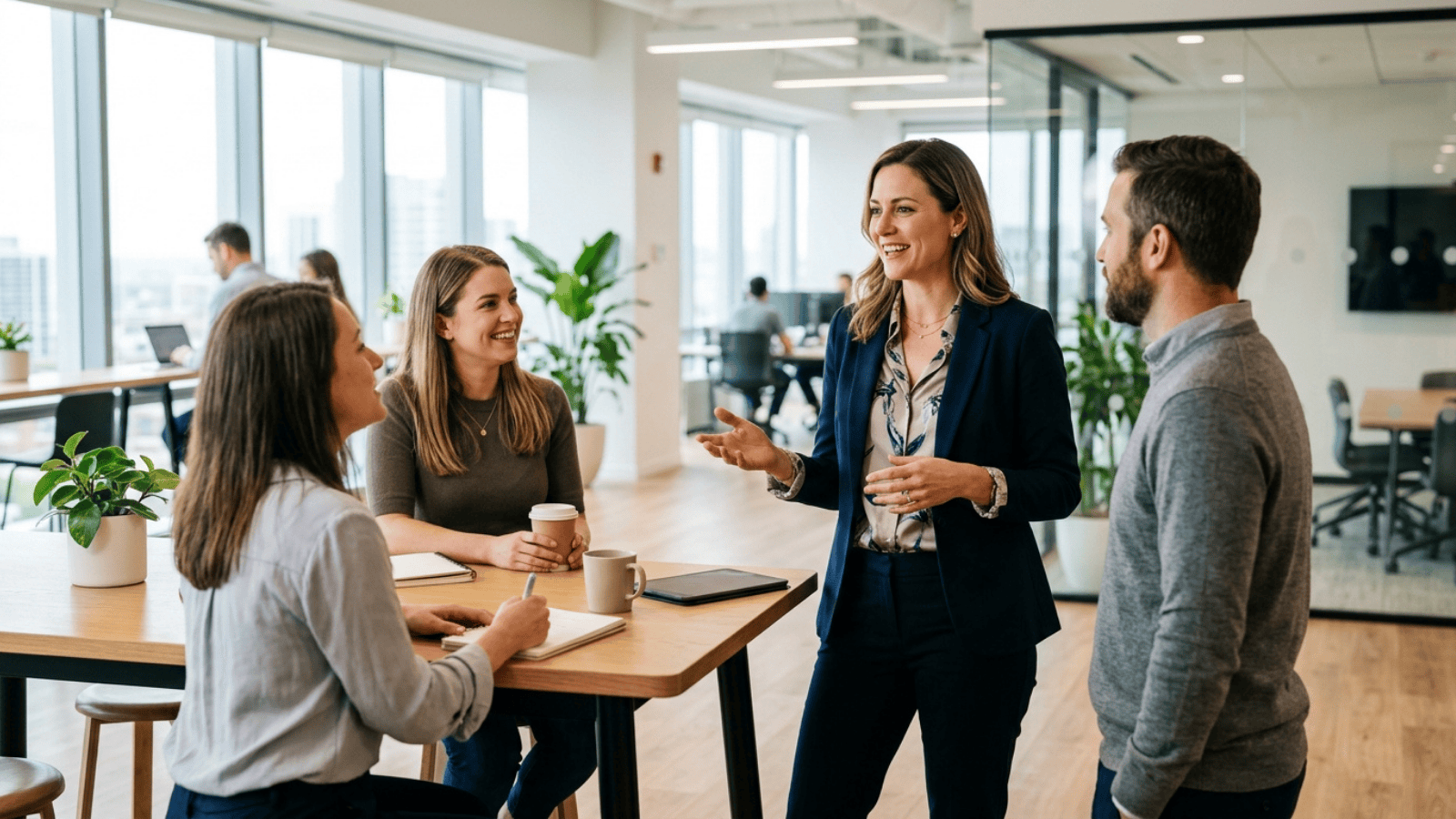 team of professionals chatting and collaborating in a bright office space, showcasing communication and workplace culture