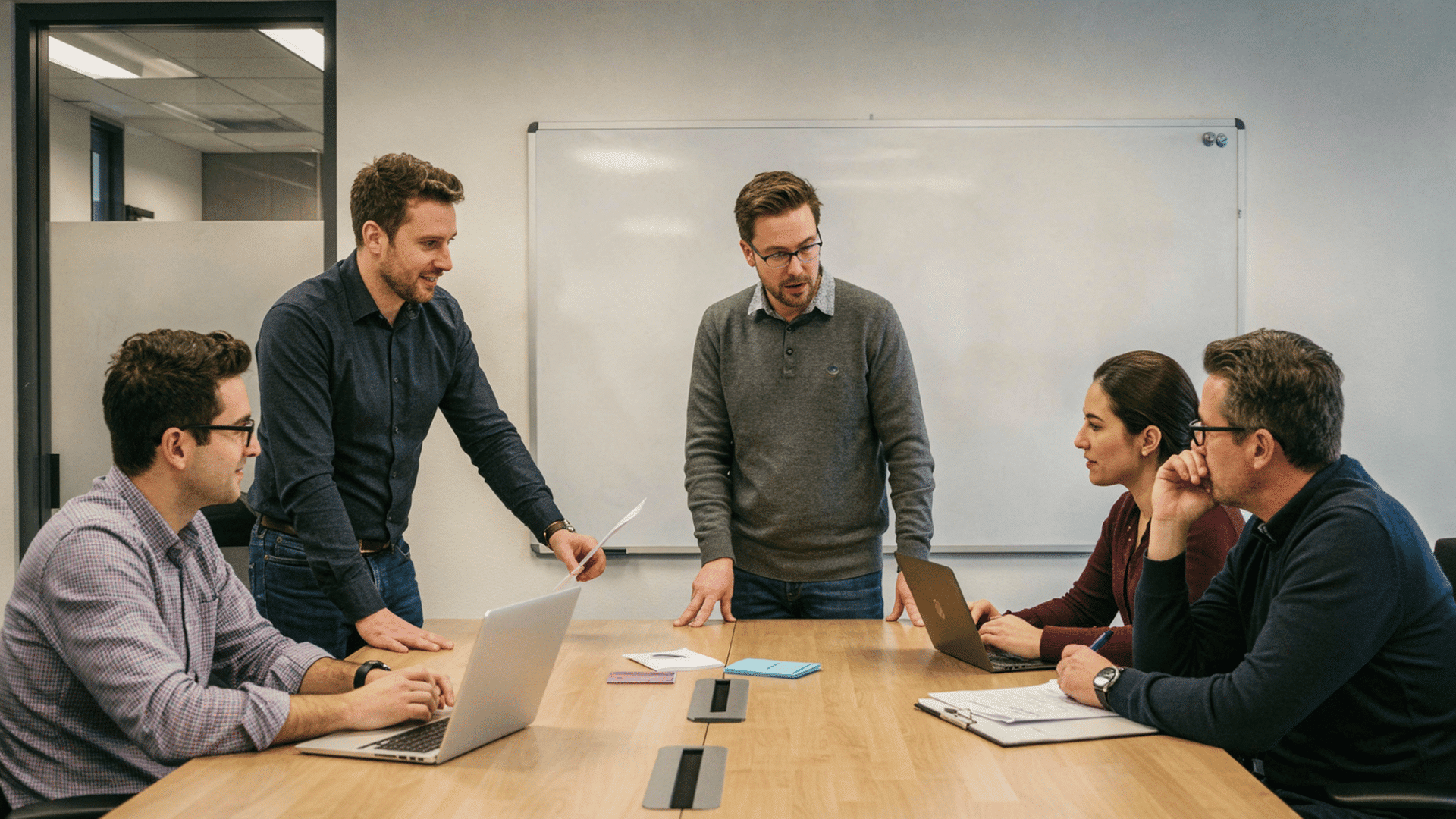 team of professionals collaborating in a modern office meeting, discussing retention strategies and business growth plans.