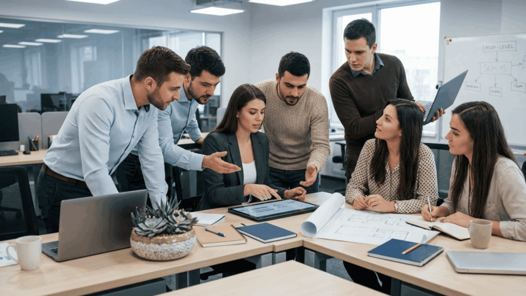 team of professionals collaborating in an office, discussing work on a laptop, representing teamwork and staff augmentation