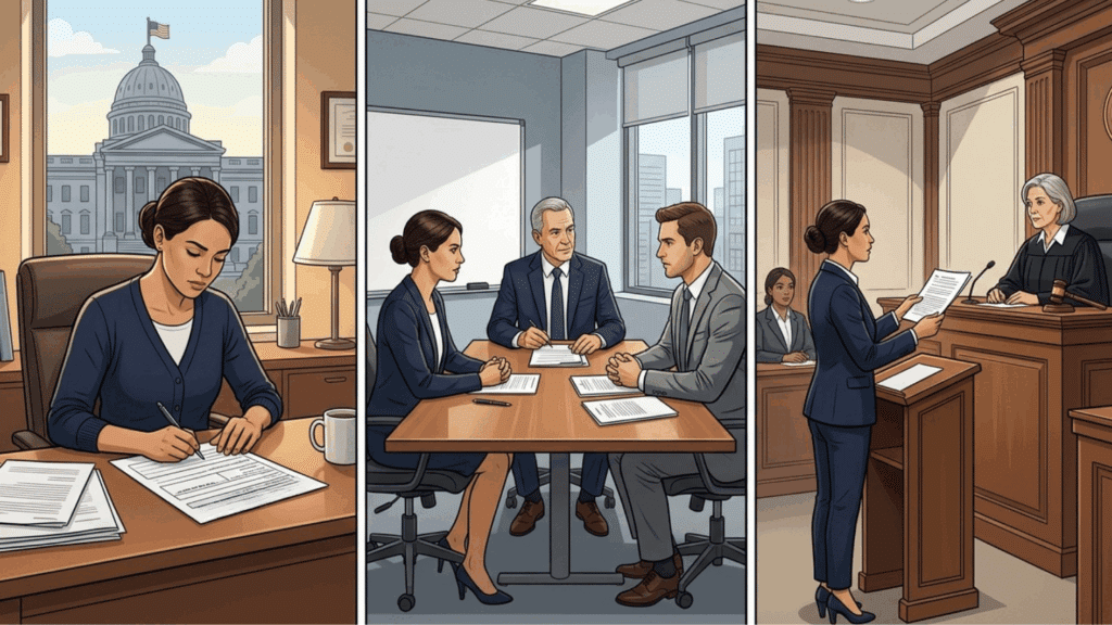 three-panel illustration showing legal process from paperwork to consultation and courtroom hearing, highlighting dispute resolution steps