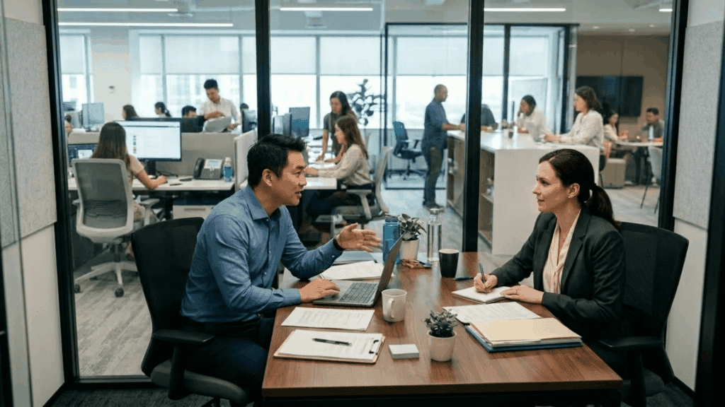 two professionals discussing HR outsourcing costs in a modern office cabin with employees working in the background