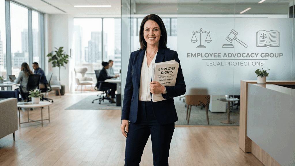 woman standing confidently with documents labeled ‘employee rights’ and legal symbols