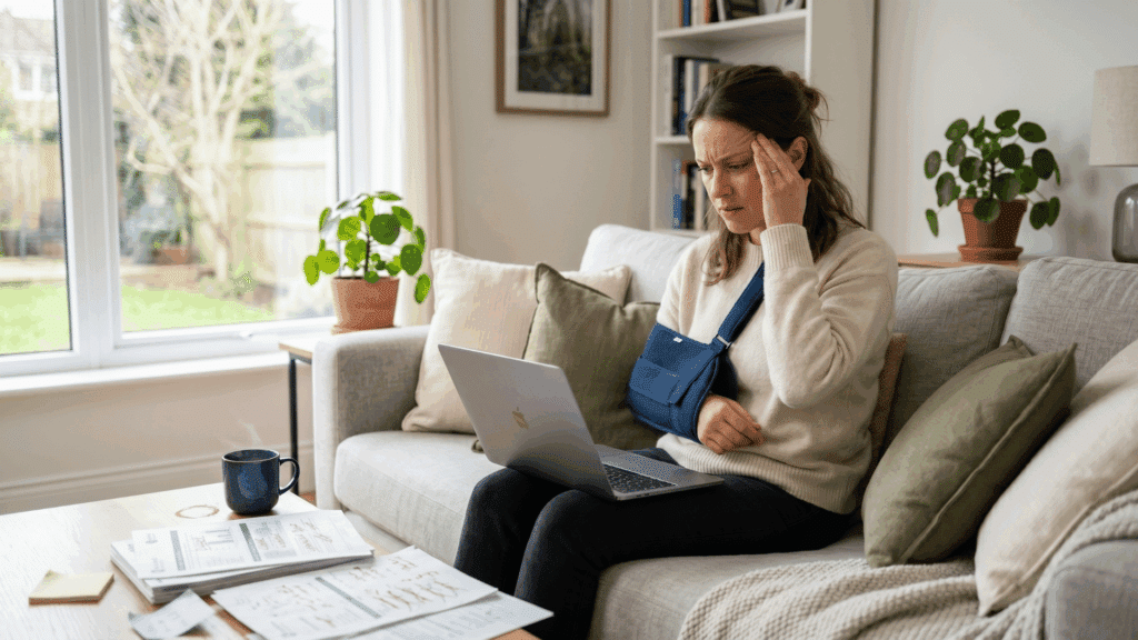 woman with arm in a sling sitting on a couch, looking stressed while using a laptop and reviewing paperwork at home