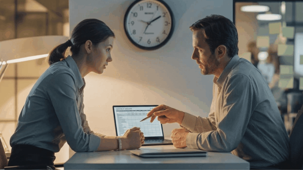 workplace setting showing an employee and manager sitting across from each other at a desk reviewing a document together