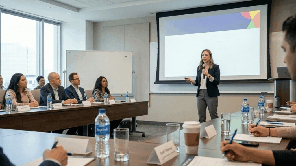 workplace training session with presenter explaining on screen while employees sit around table taking notes in meeting room