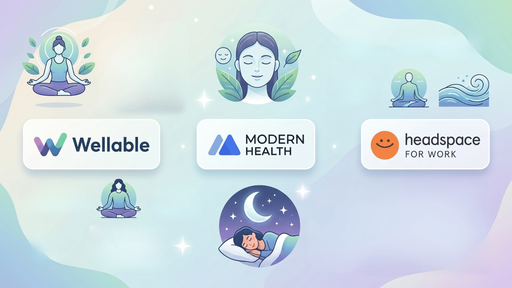 a calming and modern collage featuring logos of wellness and mental health engagement platforms