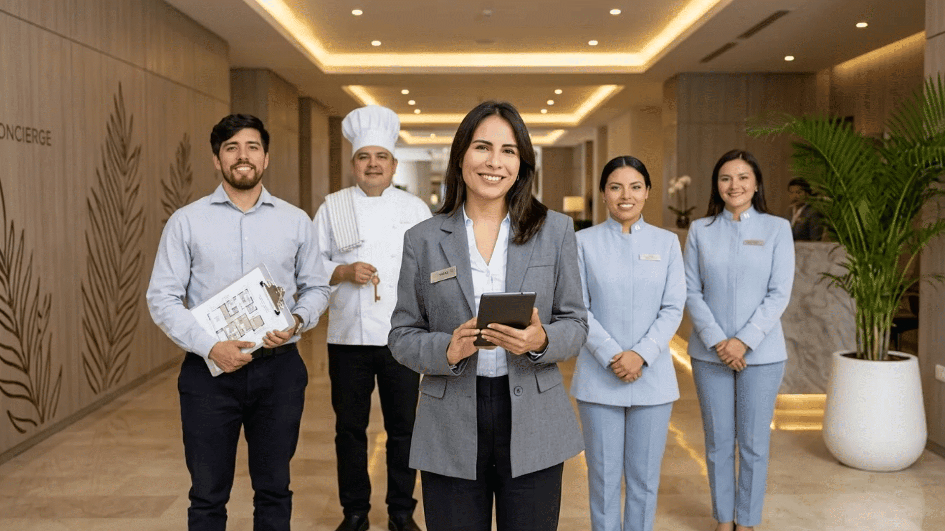 A confident shift leader standing with a workplace team in a professional hospitality setting while managing daily operations and staff coordination.