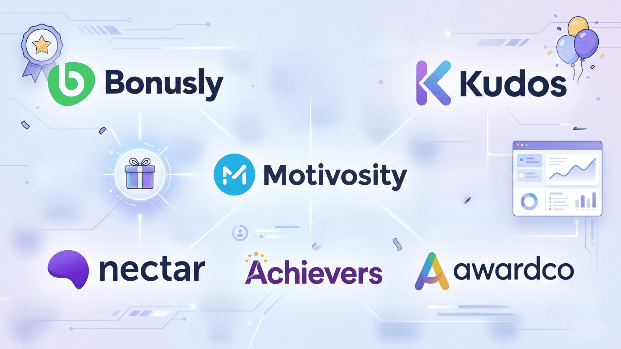 a modern collage featuring logos of employee recognition and rewards platforms