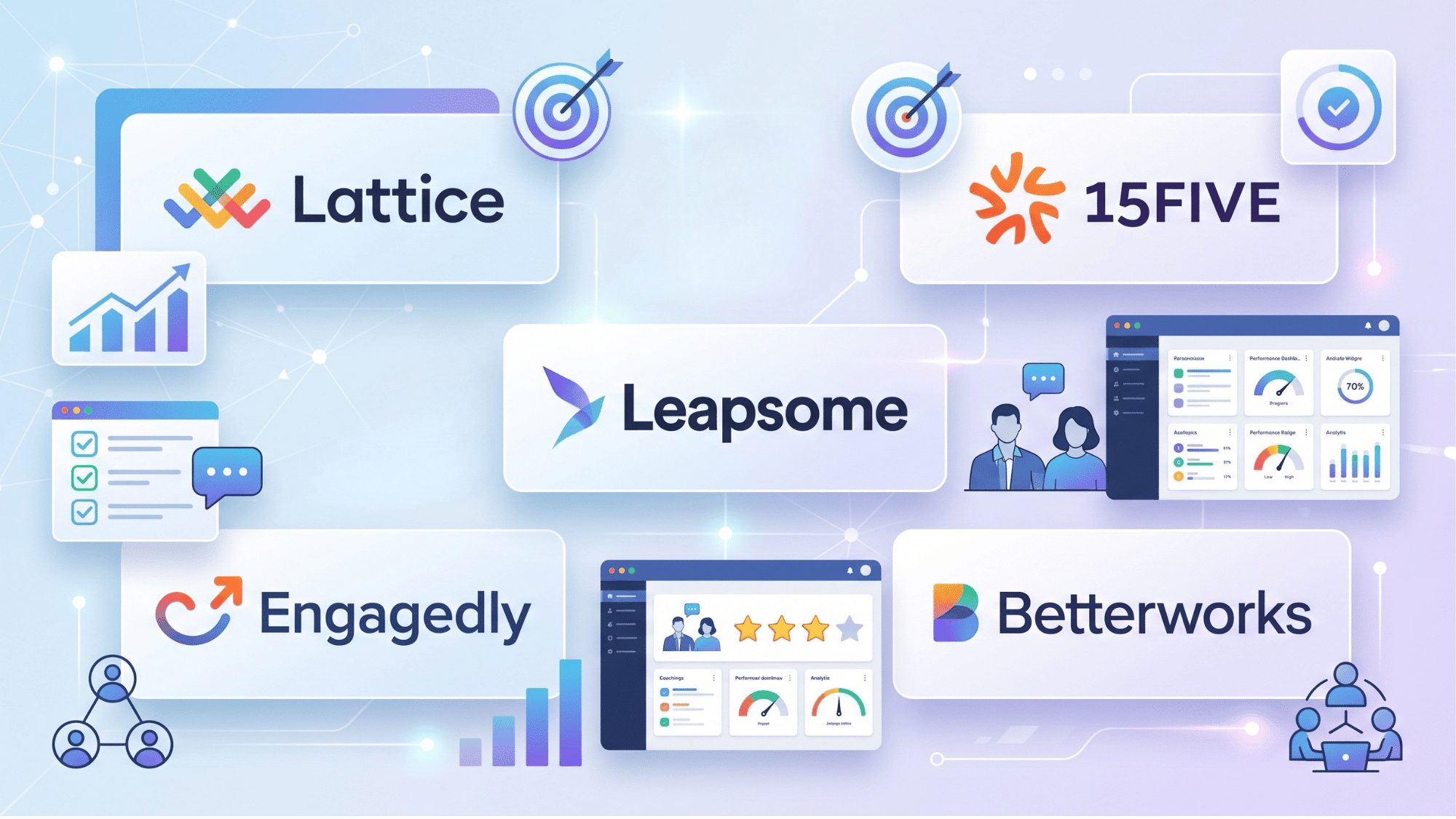 a modern collage featuring logos of performance management and employee development tools