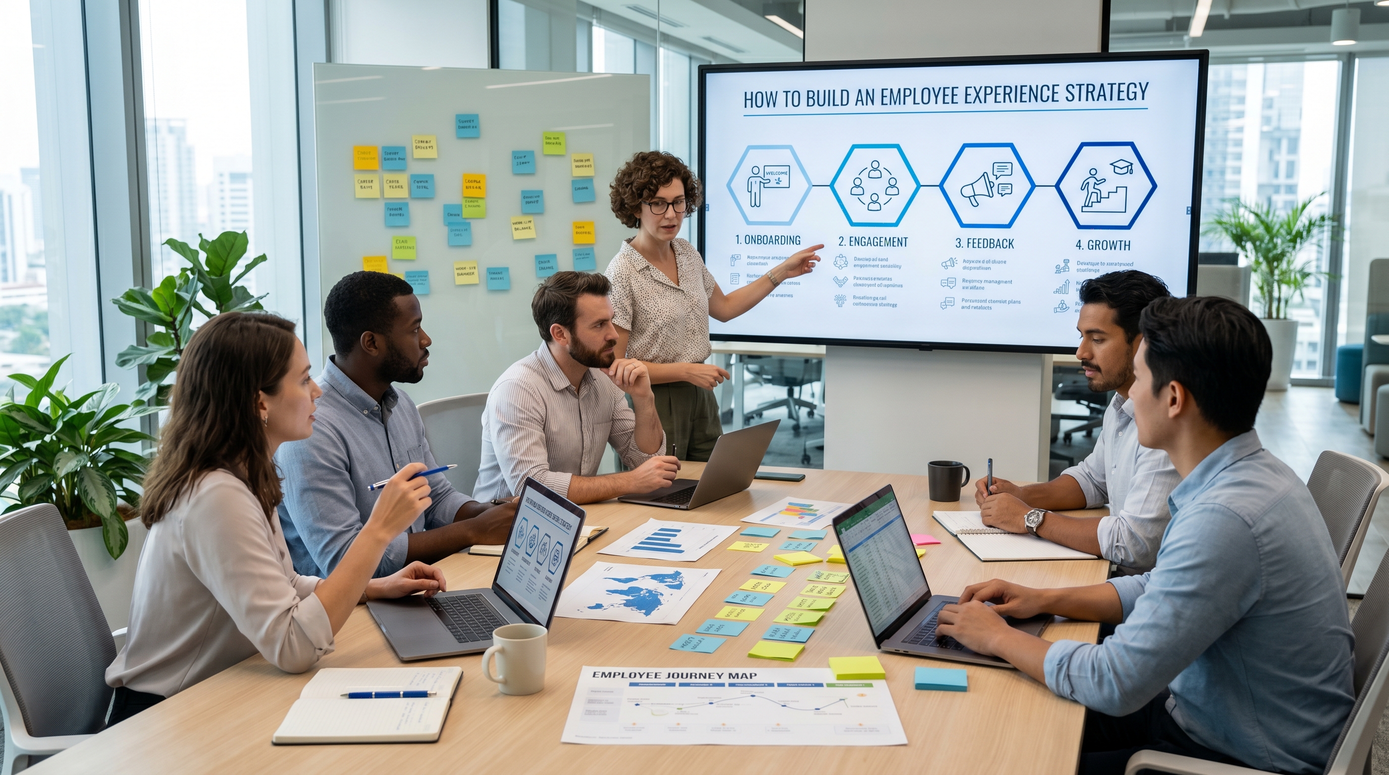 a modern corporate workplace scene illustrating how to build an employee experience strategy