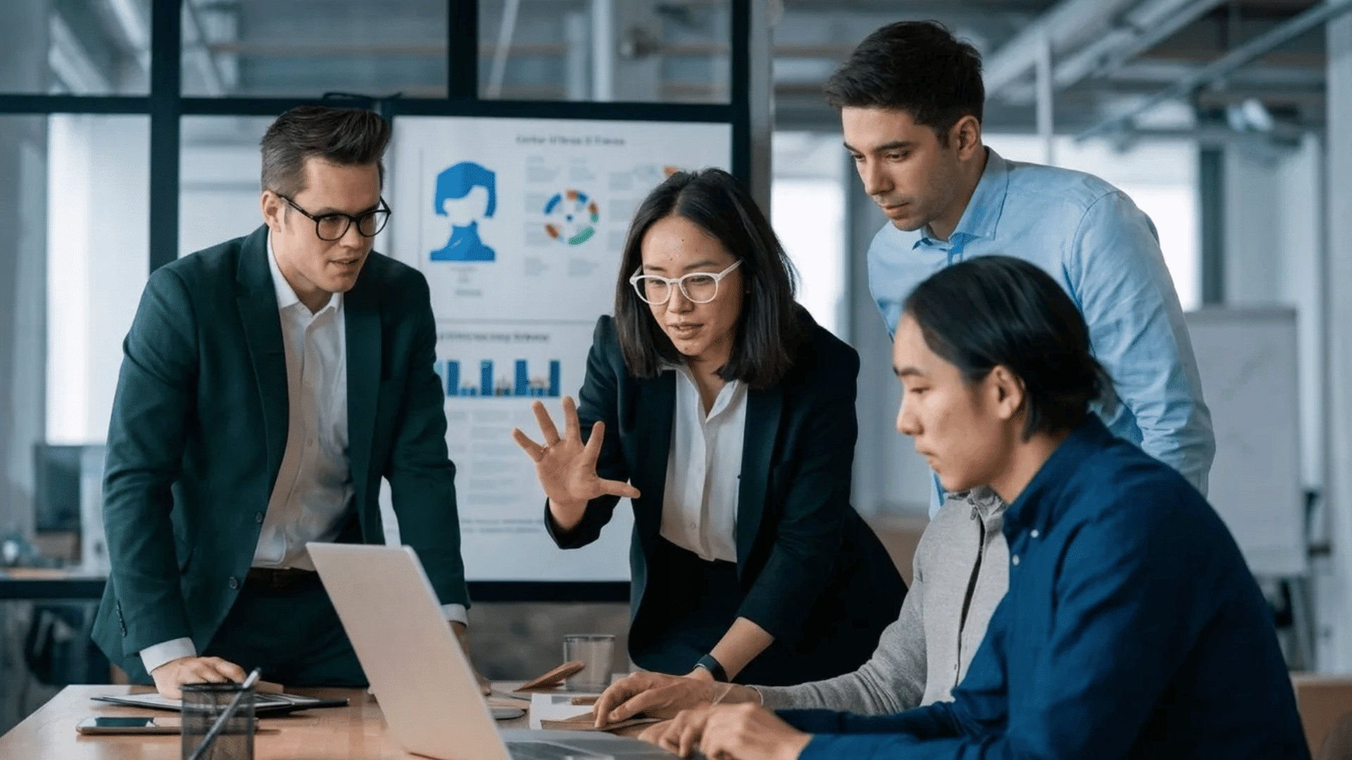 A shift leader discussing tasks and workflow with team members during a workplace meeting while reviewing plans on a laptop.