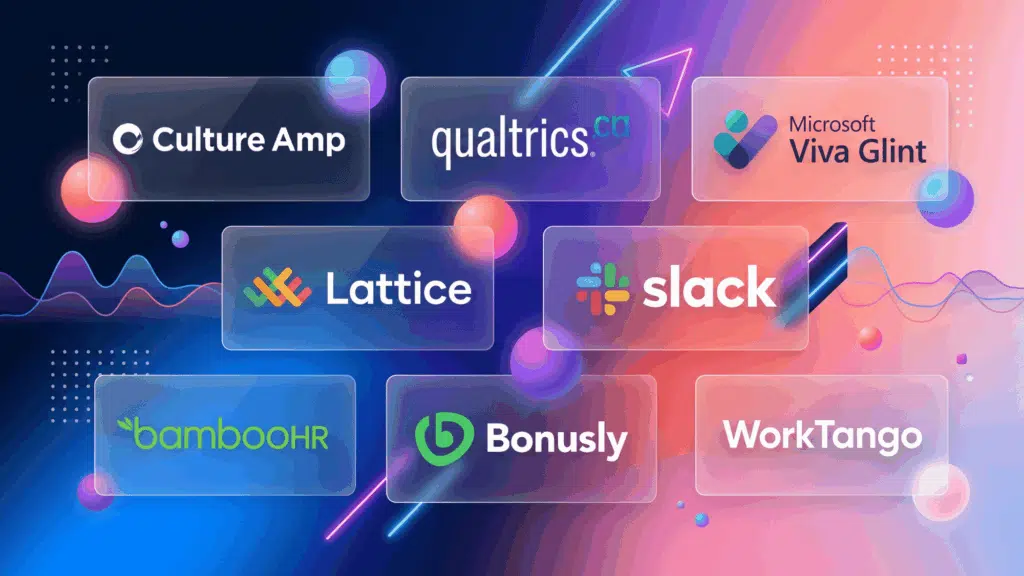 a stylish and creative collage featuring 8 employee engagement software logos