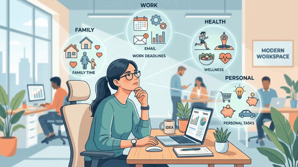 an employee sitting at a desk thinking with icons around showing family, health, and personal tasks